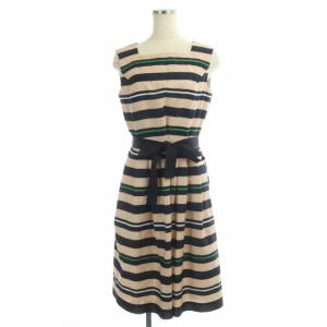 21SS ボーダーフレアワンピース 膝丈 ノースリーブ タック リボンベルト付き 38 ピンクベージュ ネイビー 緑 白