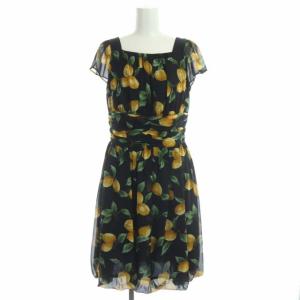 レモン ワンピース ひざ丈フレンチスリーブ バルーン スクエアネック 38 黒 緑 オレンジ ブラック グリーン