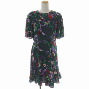 半袖フリル 花柄ワンピース 膝丈 半袖 シャーリング 4 ダークグリーン マルチカラー