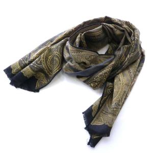 ストール ペイズリー柄 ウール シルク混 フリンジ ブラック ベージュ