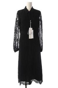 総レースシャツワンピース ロング フレア 長袖 シアー 36 ブラック