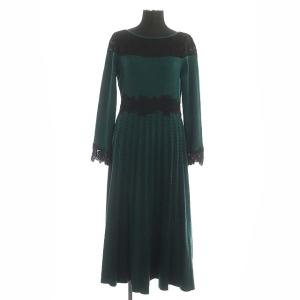21AW キカJQプリーツニットワンピース ロング 長袖 レース 36 グリーン ブラック