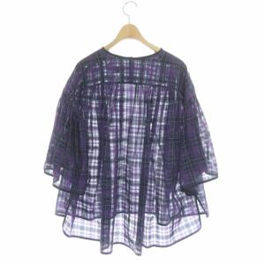 Drawer パープルチェックギャザーブラウス プルオーバー 七分袖 フレア シアー 38 紫 紺 パープル ネイビー