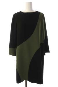 マーブルバイカラー ワンピース 膝丈 七分袖 36 カーキ 黒 ブラック