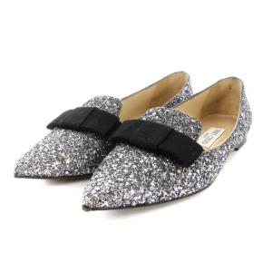 フラットシューズ パンプス ポインテッドトゥ リボン グリッター 23cm シルバー