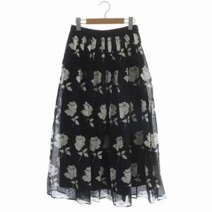 22SS ローズプリントオーガンスカート ロング フレア ギャザー 花柄 36 黒 白 ブラック ホワイト
