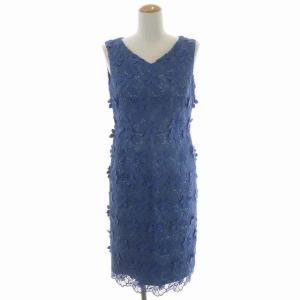 フラワーレースタイトワンピース ノースリーブ ミモレ丈 タイト 36 青 ブルー