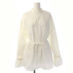 2WAY OPEN SHOULDER TOPS シャツ ブラウス 長袖 チュニック丈 リボンベルト付き 2 オフホワイト