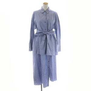 マルチストライプシャツワンピース 長袖 ロング フレア 前開き リボンベルト付き 38 青 白 グレー