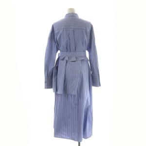 ENFOLD マルチストライプシャツワンピース 長袖 ロング フレア 前開き リボンベルト付き 38 青 白 グレー