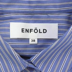 ENFOLD マルチストライプシャツワンピース 長袖 ロング フレア 前開き リボンベルト付き 38 青 白 グレー