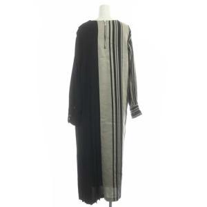 ADORE 22SS ワイドストライプブラックワンピース デザイン 異素材切替 リネン プリーツ ロング 長袖 38 ブラック ライトグレージュ