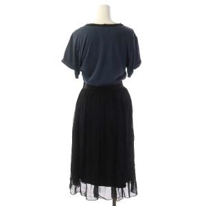 LANVIN ワンピース プリーツ切替 半袖 ロング XS ネイビー ブラック