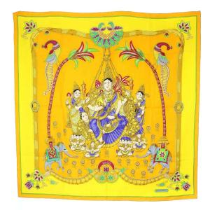 スカーフ カレ90 india Latham 総柄 バイカラー オレンジ イエロー