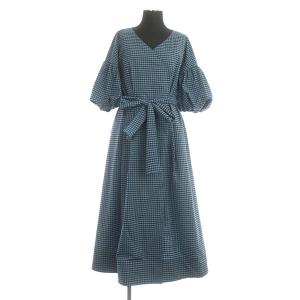 22SS チェックタフタワンピース ロング 半袖 ボリュームスリーブ ベルト付 36 ブルー