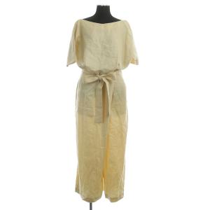 リネンバックオープンオールインワン ワイドパンツ 半袖 バックカシュクール ペチパンツ ベルト付 38 ライトベージュ