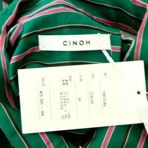 CINOH ストライプレーヨンシャツ 長袖 38 ピンク グリーン ブラウン ホワイト