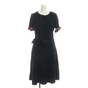 フレアワンピース ミディ丈 ボタン ベルト付き 半袖 36 黒 ブラック