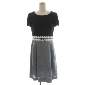 ワンピース ウエストレース タック 半袖 膝丈 40 ブラック グレー