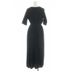 agnes b. Vネックギャザーワンピース フレア ロング フロントボタン 七分袖 Vネック 42 ブラック