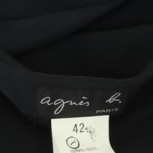 agnes b. Vネックギャザーワンピース フレア ロング フロントボタン 七分袖 Vネック 42 ブラック