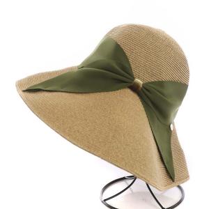 Athena New York ペーパーハット つば広帽 リボン ベージュ 緑 グリーン