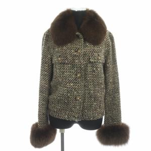 KANEKO ISAO セットアップ ファー襟 ミックスツイードジャケット スカート ノーカラー 総裏地 ロング ベージュ