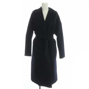 シャルムリバーフーデッドガウンコート ロング ウール リボンベルト付き 36 ネイビー