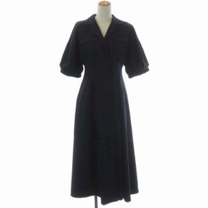 シャーリングワンピース 七分袖 ロング フレア ジップアップ 38 ネイビー