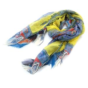 ストール ペイズリー柄 シルク フリンジ ネイビー イエロー