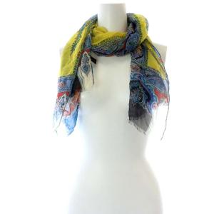 ETRO ストール ペイズリー柄 シルク フリンジ ネイビー イエロー
