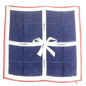 スカーフ シルク リボン ロゴ 紺 ネイビー