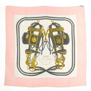 HERMES カレ90 式典用馬勒 BRIDES de GALA スカーフ シルク 総柄 ホワイト ピンク