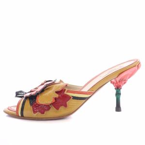 PRADA サンダル ミュール フラワーモチーフ レザー 35 1/2 22.5cm オレンジ マスタード ピンク