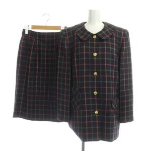 セットアップ ラウンドカラージャケット 5B スカート 膝丈 チェック シルク混 ブラック ベージュ