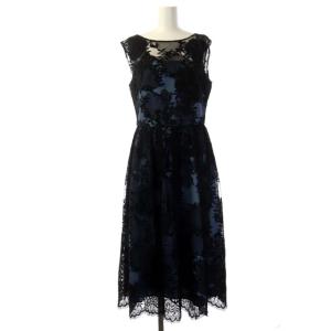 トリミングレースワンピース ミモレ丈 ノースリーブ 38  ライトブルー ブラック