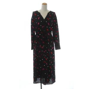 リップドットワンピース ロング 長袖 前開き ドロスト 刺繍 ペチコート付き 36 ブラック