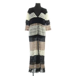 クロシェニットカーディガン ロング 七分袖 Vネック ボーダー 36 ピンクベージュ ブラック