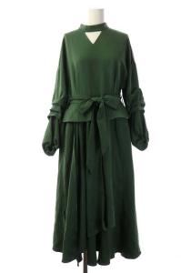 バルーンスリーブドレス ワンピース Vネック 長袖 ロング フレア リボンベルト F グリーン