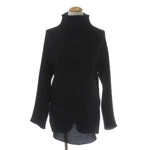 ハイネック プリーツ トップス カットソー プルオーバー 長袖 総柄 L ブラック