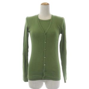 21SS ニット コットン ランダムリブ アンサンブル Vネックカーディガン 長袖 カットソー 半袖 クルーネック S 緑
