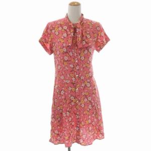 花柄ボウタイワンピース 半袖 ひざ丈 フレア 前開き 総柄 4 ピンク