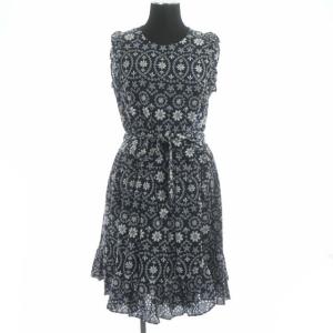 フリル刺繍ワンピース 膝丈 ノースリーブ リボンベルト付き 2 ネイビー ホワイト