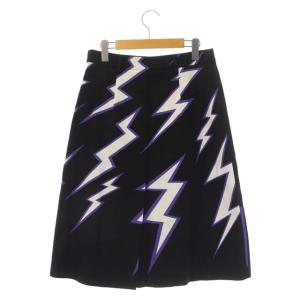 PRADA スカート 稲妻プリント フレア 42 ブラック ホワイト
