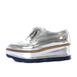 プラットフォームシューズ ウイングチップ 厚底 レースアップ レザー 37 シルバー