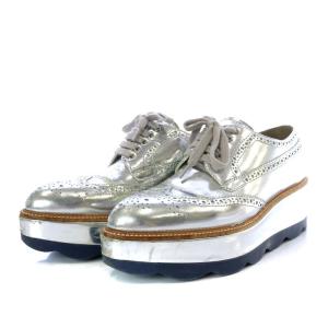 PRADA プラットフォームシューズ ウイングチップ 厚底 レースアップ レザー 37 シルバー