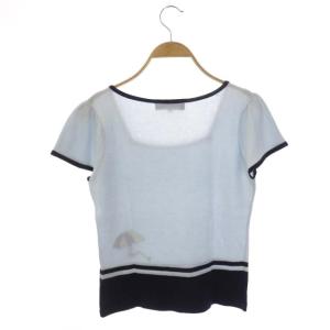 M'S GRACY ビーチ刺繍 サマーニット カットソー プルオーバー 半袖 スクエアネック 38 ライトブルー ネイビー