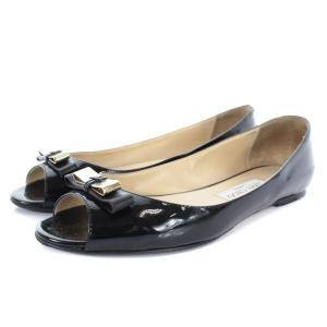パンプス フラット エナメル オープントゥ リボン 38.5 25.5cm 黒 ブラック