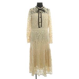 ボウタイレースワンピース ロング 長袖 フレア 38 ベージュ ブラック