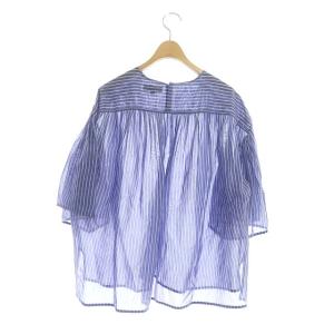Drawer ストライプ フレアスリーブ ブラウス プルオーバー 七分袖 ギャザー シルク混 36 青 白 ブルー ホワイト